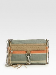 Striped canvas pairs with ostrich-stamped leather in this slim zip-top bag.Removable chain and leather shoulder strap, 21 dropTop-zip closureOne outside zip pocket with flap-hook closureProtective metal feetOne inside zip pocketThree inside open pocketsCotton lining11W X 7¼H X 2DImported