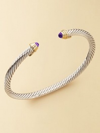 From The Cable Kids Collection. Children's sterling silver and 18K gold cable bracelet with faceted amethyst dome ends. Fits up to 6½ wrist Perfect gift idea