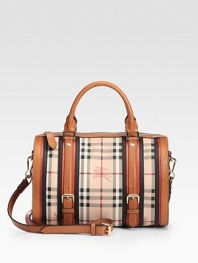 Iconic check highlights this structured bag of durable canvas, finished with rich leather trim and dual straps for versatility.Double top handles, 4 dropAdjustable removable shoulder strap, 21-23½ dropTop zip closureOne inside zip pocketTwo inside open pocketsCotton lining12¼W X 9½H X 4¾DImported