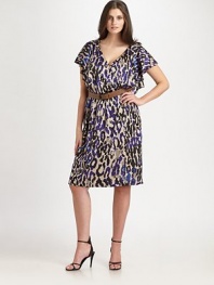 A head-turning animal print, flattering neckline and waist-cinching belt make this one of the most amazing, curve-flattering designs around.V-neckFlutter sleevesRemovable beltSide zipperFully linedAbout 42 from shoulder to hem80% rayon/20% silkDry cleanImported