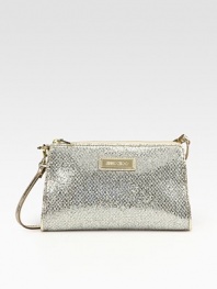 Add some sparkle to your night with this eye-catching bag of glitter-encrusted cotton. Detachable shoulder strap, 8½ dropTop zip closureOne inside open pocketFully lined9W X 6H X 1½DMade in Italy