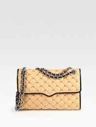 Luxurious, studded style rendered in rich quilted leather, and finished with contrast piping and a matching chain strap.Double chain and leather shoulder strap, 12½ dropFlap snap closureOne outside open pocketOne inside zip pocketThree inside open pocketsNylon lining11W X 8¼H X 3DImported