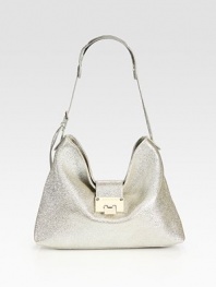 Metallic pebbled leather boasts a glittery finish in this slouchy carryall.Adjustable shoulder strap, 8½-9¼ dropFlap clasp closureOne inside zip pocketSuede lining12½W X 8½H X 3½DMade in Italy