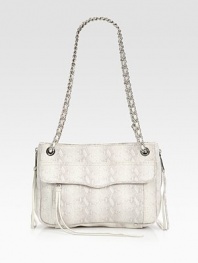 Silver-toned chain hardware denotes a modern design in this impeccably-crafted lizard-embossed leather shape. Double chain shoulder straps, 11¾ dropMagnetic snap closureOne outside flap-zip pocketProtective metal feetOne inside zip compartmentOne inside zip pocketTwo inside open pocketsCotton lining11¼W X 8¼H X 4DImported