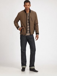 The perfect, lightweight jacket with a downtown vibe, versatile enough to wear from the office to the ball park, crafted in a recycled, waxed cotton and nylon blend.Zip frontChest welt, side slash pocketsRibbed knit collar, cuffs and hemAbout 27½ from shoulder to hem65% cotton/35% nylonMachine washImported