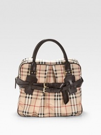Burberry checks lends an iconic touch to this structured leather silhouette, finished with a front inverted pleat and buckled straps.Double top handles, 6 drop Top zip closure One inside zip pocket Two inside open pockets Cotton lining 14W X 11½H X 7D Imported