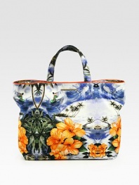 Get ready for the tropics in this lushly-printed nylon carryall.Double top handles, 6¼ dropTop snap closureOne inside open pocketFully lined15½W X 14H X 7½DMade in Italy