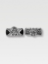 A artisinal touch in Sparta-engraved sterling silver with sparkling onyx detail. ¾ X 1½ Made in USA