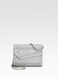 An ultra-modern, glitter design that can be worn along the shoulder or held as a clutch.Chain shoulder strap, 21 drop Magnetic snap top closure Inside open pocket Fully lined 6½W X 5H X 2D Made in Italy 
