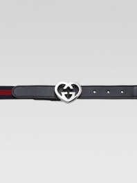 An adjustable, signature web fabric belt with leather trim and heart-shaped, interlocking G buckle.Heart-shaped, interlocking G bucklePalladium finish hardwareAbout ¾ wideSignature elastic web fabric and leatherMade in Italy