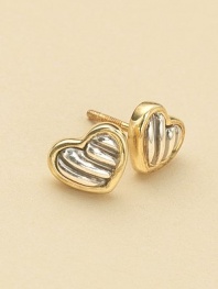 From the Cable Kids Collection. Lovely heart studs of sterling silver and 18k gold, with signature cable detailing. Sterling silver and 18k yellow gold Length, about ¼ Post back Made in USA