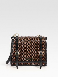 The structured satchel crafted from woven chevron stripes of sleek patent leather and contrast yarn, adorned with front buckled straps.Braided top handle, 11 dropFlap snap closureOne inside zip pocketOne inside open pocketLeather lining9W X 7½H X 2¾DImported