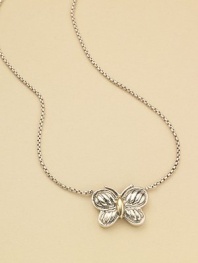 From The Cable Kids Collection. A graceful cable-textured butterfly of sterling silver is accented with touches of 18k yellow gold and hangs from a silver box chain. Sterling silver and 18k yellow gold Chain length, about 14 Pendant width, about ½ Lobster clasp