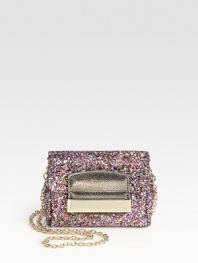 Dazzling mini flap-front design of glitter-drenched leather.Detachable chain shoulder strap, 24 dropFlap over zip closureOne inside open pocketFully lined5W X 4H X 2DMade in Italy