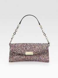 Make it an evening with this dazzling flap-front bag of glitter-encrusted cotton.Chain shoulder strap, 5¾ dropFlap snap closureOne inside zip pocketSix credit card slotsFully lined9¼W X 5¼H X 1DMade in Italy