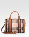 Iconic check highlights this structured bag of durable canvas, finished with rich leather trim and dual straps for versatility.Double top handles, 4 dropAdjustable removable shoulder strap, 21-23½ dropTop zip closureOne inside zip pocketTwo inside open pocketsCotton lining12¼W X 9½H X 4¾DImported