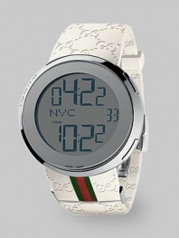 From the I-Gucci Collection. Two times can be displayed at once, in bold numbers on this sleek dial that offers the option of a digital or analog display. Digital quartz movement Water-resistant to 3ATM Stainless steel case and bezel Integrated crowns Round case; 44mm diameter (1.73) Scratch-resistant sapphire crystal Silver dial with blue display Arabic numerals Embossed white rubber strap with signature green-red-green detail Made in Switzerland