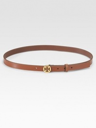 Supple leather, secured with a signature goldtone buckle.About ¾ wide Leather Made in USA