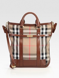 Iconic check highlights this structured bag of durable canvas, finished with rich leather trim and dual straps for versatility.Double top handles, 4 dropAdjustable removable shoulder strap, 22½-26 dropTop zip closureOne inside zip pocketThree inside open pocketsCotton lining14W X 14½H X 4DImported