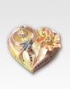 An absolutely stunning heirloom trinket box, handcrafted in 10K goldplated pewter with a tiny bird resting upon a Swarovski crystal-encrusted floral heart. Swarovski crystals 10K goldplated pewter 2W X 1¼H X 2D Made in USA 