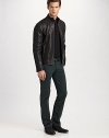 A lighter, easier-wearing spin on the revved-up moto look, now in supple lambskin leather with knit inserts along the collar, sleeves and sides. Zip front Chest, side zip pockets About 24¾ from shoulder to hem Leather Dry clean Imported 