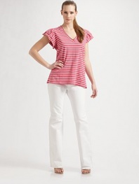 Sailor stripes highlight this soft stretch knit, finished with tiered flutter sleeves.U neckline Cap sleeves Pullover style About 29 from shoulder to hem 95% cotton/5% elastane Machine wash Imported