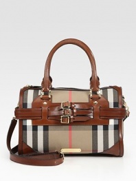 Iconic Burberry check lends a signature touch to this roomy cotton satchel, finished with rich leather trim and buckles.Leather double top handles, 5 drop Leather detachable adjustable shoulder strap, 21-22 drop Top zip closure Protective metal feet One inside zip pocket Two inside open pockets Cotton lining 12W X 9½H X 6½D Made in Italy