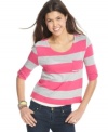 Get bold in stripes with this crop top from Planet Gold. Looks awesome with jeans for easygoing, daytime style!