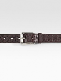 Leather belt with signature dress buckle. A textured design in micro guccissima leather. Dark palladium buckle 1.2 wide Made in Italy 