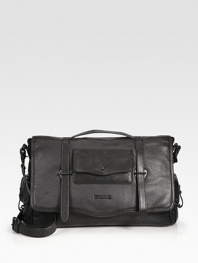 A smart option for any man on the move, styled in smooth leather with flap pockets on the outside and a padded laptop compartment on the inside. Top flap with buckle closures Top handles Adjustable, detachable shoulder strap Exterior flap pockets Interior zip, slip pockets Padded laptop compartment 16½W X 11H X 5D Imported 
