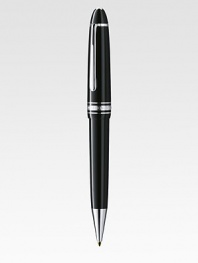 Ballpoint pen with twist mechanism, with barrel and cap made of precious resin and floating logo emblem.BallpointPlatinum-plated clipResin with inlaid logo emblemAbout 5¼ longImported