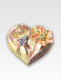 An absolutely stunning heirloom trinket box, handcrafted in 10K goldplated pewter with a tiny bird resting upon a Swarovski crystal-encrusted floral heart. Swarovski crystals 10K goldplated pewter 2W X 1¼H X 2D Made in USA 