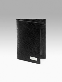 Stamped calfskin credit card holder has two card slots and one ID window. 3W X 4¼H Made in Italy