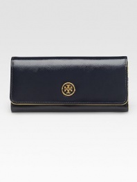 EXCLUSIVELY AT SAKS in Navy Starlight. A sleek envelope wallet, crafted from patent saffiano leather and topped with polished logo hardware.Snap flap closureSix credit card slots and two bill compartments under flapOne inner center zip compartmentFour credit card slotsOne bill compartmentContrast leather lining7½W X 3½H X 3/4DImported