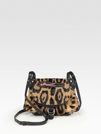 Lush leopard-print haircalf defines this demure flap silhouette finished with rich leather trim.Adjustable shoulder strap, 19½-24 drop Magnetic flap closure One outside zip pocket One inside zip pocket One inside snap pocket Two inside open pockets Three credit card slots Cotton lining 8½W X 6½H X 1½D Made in Italy