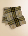 Your little ones will get all wrapped up in this bold, cashmere-blend check scarf.About 12 X 55Frayed ends55% merino wool/45% cashmereDry cleanImported