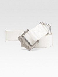 A sleek metal buckle and utility loop polish off a casual belt made from webbed nylon.Square metal slide buckleStraight tipAbout 1½ wideSpot cleanImported