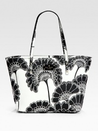 Silhouetted Japanese florals highlight shiny vinyl in this roomy top-handle carryall.Shoulder straps, 8¾ dropTop zip closureProtective metal feetOne inside zip pocketTwo inside open pocketsFully lined17W X 10H X 6¼DImported