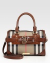 Iconic Burberry check lends a signature touch to this roomy cotton satchel, finished with rich leather trim and buckles.Leather double top handles, 5 drop Leather detachable adjustable shoulder strap, 21-22 drop Top zip closure Protective metal feet One inside zip pocket Two inside open pockets Cotton lining 12W X 9½H X 6½D Made in Italy