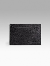 Calfskin leather credit card case with embossed logo. 4W X 2¾H Made in Italy 