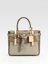 Burnished glovetan leather pairs with linen in this structured carryall wrapped in a luxe python belt.Double top handles, 6 dropOne outside flap pocketOne inside open pocketTwo inside zip pocketsCotton lining12W X 9½H X 4DImported
