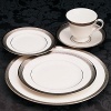 This pattern is named for the intriguing scroll design of anceint Celtic time pieces, and like its inspiration, this pattern features an artistically etched platinum design on white bone china. Shown: 5-pc. placesetting. Matching accessories also available.