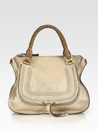 EXCLUSIVELY AT SAKS in Metallic Beige. Tennis-wrapped top handles complete this roomy carryall design, sugarcoated in metallic calfskin leather. Double tonal top handles, 6½ dropTop zip closureHidden open pocket under flapOne inside zip pocketOne inside open pocketCotton lining17W X 13H X 6DMade in Italy