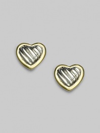 From the Heart Collection. Modern hearts, sculpted in cabled sterling silver, framed in 18k gold. Sterling silver and 18k yellow gold Length, about ½ Post back Imported
