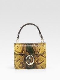 Luxe python skin crafted in a flap-front silhouette with signature G-shaped links.Top handle, 4 drop Flap with double G closure One inside open pocket One inside snap pocket On inside zip pocket with double G zipper pull Removable mirror with engraved script logo and leather case Leather lining 7W X 6H X 2½D Made in Italy