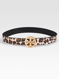 A wild, cheetah-printed leather design with a chic metal logo buckle. Width, about 1½Made in USA