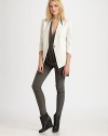 Architectural lines shape this impeccably tailored cropped blazer.Mock point collar insetV necklineThree-quarter sleevesSingle-button closureBodice dartsWelt pocketsBack vent at hemAbout 28 from shoulder to hem44% cotton/29% linen/21% ramie/6% elastaneDry cleanMade in USA of Italian fabricModel shown is 5'9½ (177cm) wearing US size 4.