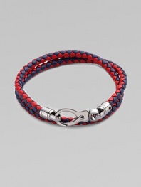 A boldly hued braided leather bracelet perfect for layering and wrap around styling.LeatherAbout 3 diam.Spring claspMade in Italy