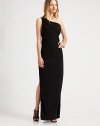 Casual elegance defined by slightly shirred jersey that drapes over the shoulder in a slinky maxi silhouette.Single shoulder strapShirred bodiceSide slitConcealed side zipper with hook-and-eye closureAbout 58¼ from shoulder to hemRayonDry cleanImported