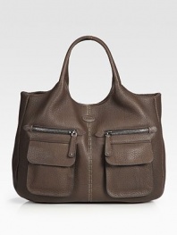 EXCLUSIVELY ONLINE AT SAKS.COM. Soft pebble-grain leather takes you for a day out on the town in this roomy silhouette, finished with easy flap-front pockets.Double top handles, 6 drop Magnetic top closure Two outside zip pockets Two outside flap pockets Protective metal feet One inside zip pocket Two inside open pockets Leather lining 15½W X 11H X 5D Made in Italy